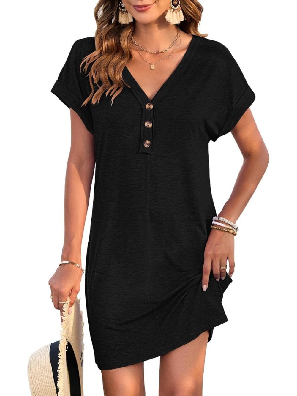 Women's Casual Summer T Shirt Button V Neck Swing Dress